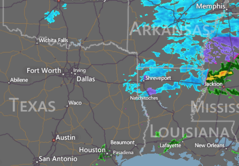 Radar screenshot from accuweather.com of Texarkana, TX and its surrounding weather.
