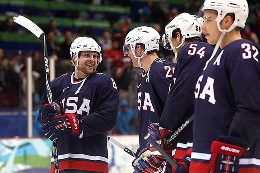 Members of the U.S. Olympic mens hockey team before a game.