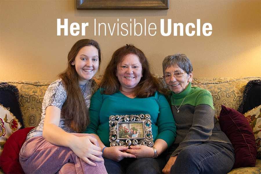 Leah Crenshaw, Mary Kaye Crenshaw (mother) and Claire Taylor (grandmother) hold a picture of Leahs uncle.