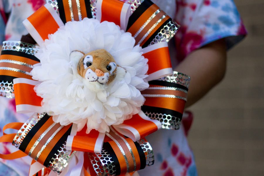 Junior Kayleigh Moreland holds a Homecoming mum made by the Horticulture Club. Mums can be purchased from Kim Spaulding.