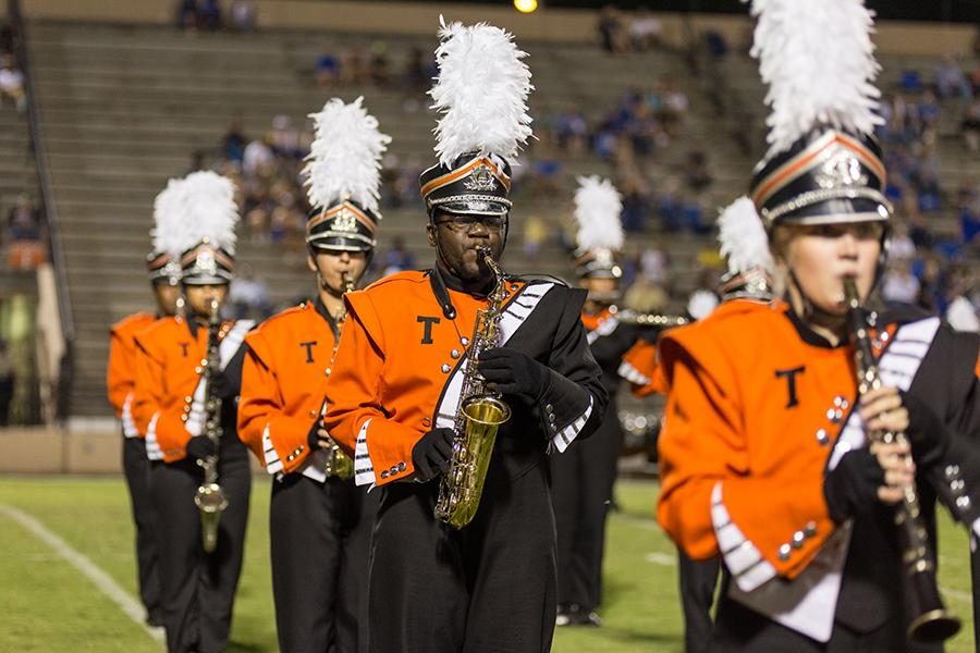 Junior Ronnie Ellis plays saxophone at the Sulphur Springs halftime performance.