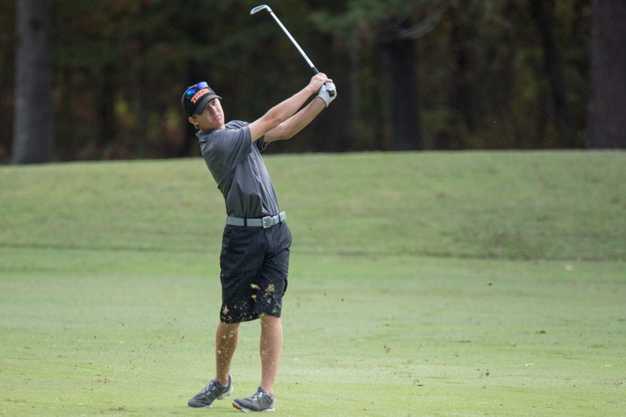 Matt Prieskorn swings his club at the Tiger Classic golf tournament. Prieskorn won the tournament with scores of 70 and 75.