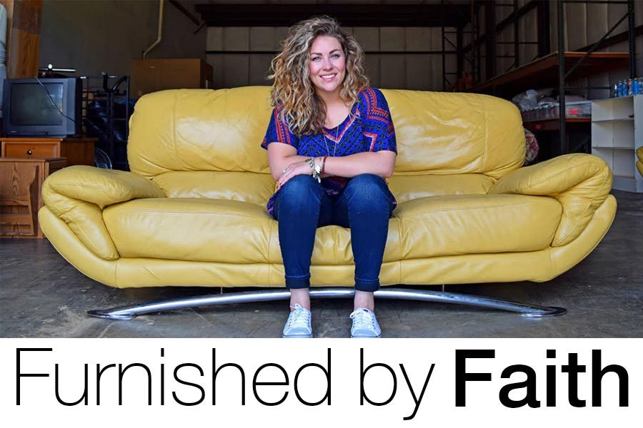 Founder Hope Mulkey sits on a couch donated to Furnished by Faith. Furniture drop off days are the second Saturday of each month. Submitted photo.