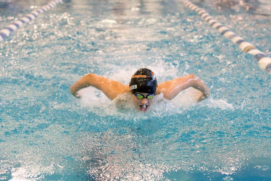 Freshman Dylan Rosser swims butterfly during the Frisco TISCA meet. Both the Tigersharks and the Lady Tigersharks won fourth place.