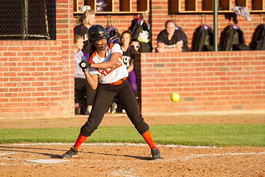 Freshman Vicki Willis swings at the ball in the home softball game against Hallsville.