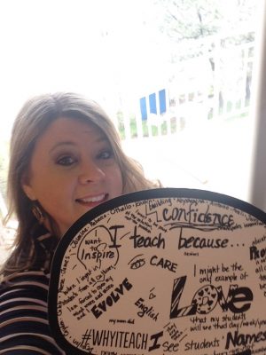 Brooke Ferguson poses with her #WhyITeach bubble for social media. photo from @busyBnFerg