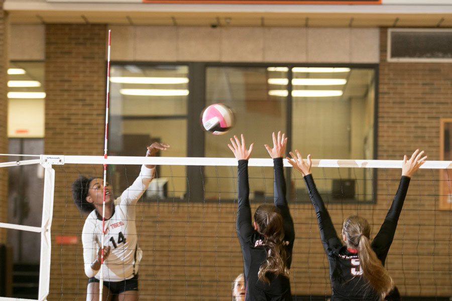 Sophomore Treyaunna Rush spikes the ball at the final game before playoffs.