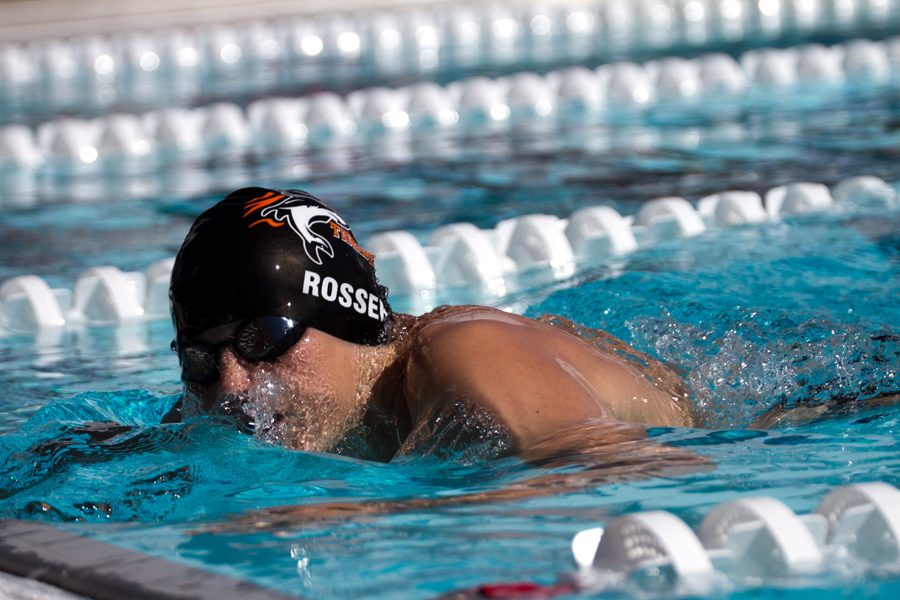 Sophomore Dylan Rosser prepares for an open turn. The swim team competed in Tyler at the Tyler Quad Meet on October 8.