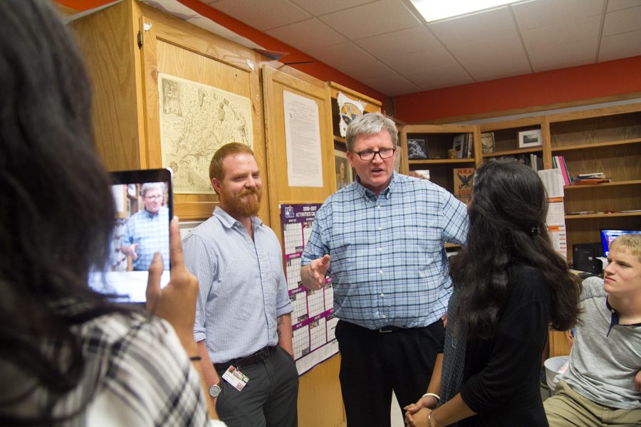 History teachers Hunter Davis and Lance Kyles talk with editor in chief Raga Justin for the THS Student Media live Facebook feed. 