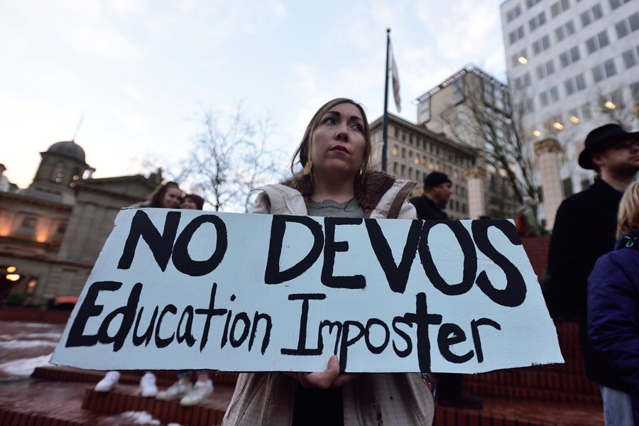 Students protest against President-elect Donald J. Trumps nominee for education secretary, Betsy DeVos, on Jan. 19, 2017 in Portland, Ore. 