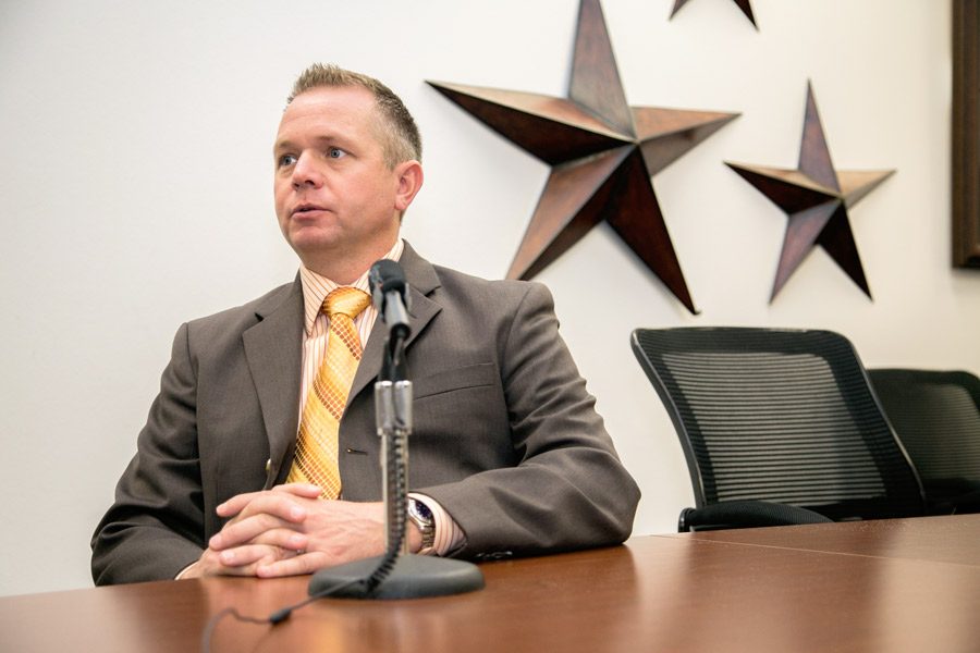 Texarkana Independent School Districts new Athletic Director and head football coach Gerry Stanford answers questions during  a meeting with THS Student Media. Stanford was the previously the Athletic Director and head football coach at Flower Mound Mason.