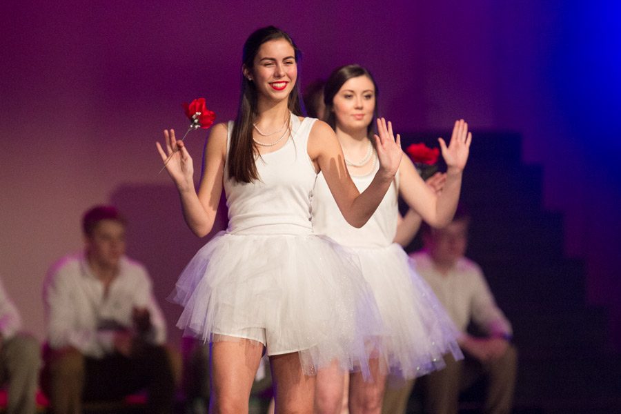 Junior Kylie Davis smiles as she performs a number. No-Dinner Dinner Theater was held Sunday Feb. 26.