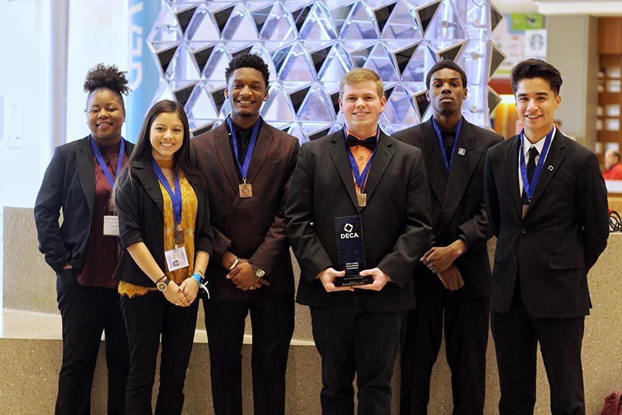 Seniors Ravon Cornelius, Marisol Aguilar, Isaiah Germany Daylan ONeal, Michael Murphy and Odin Contreras pose after finishing competition. ONeal advanced to internationals and will travel to California in April.
Submitted photo.