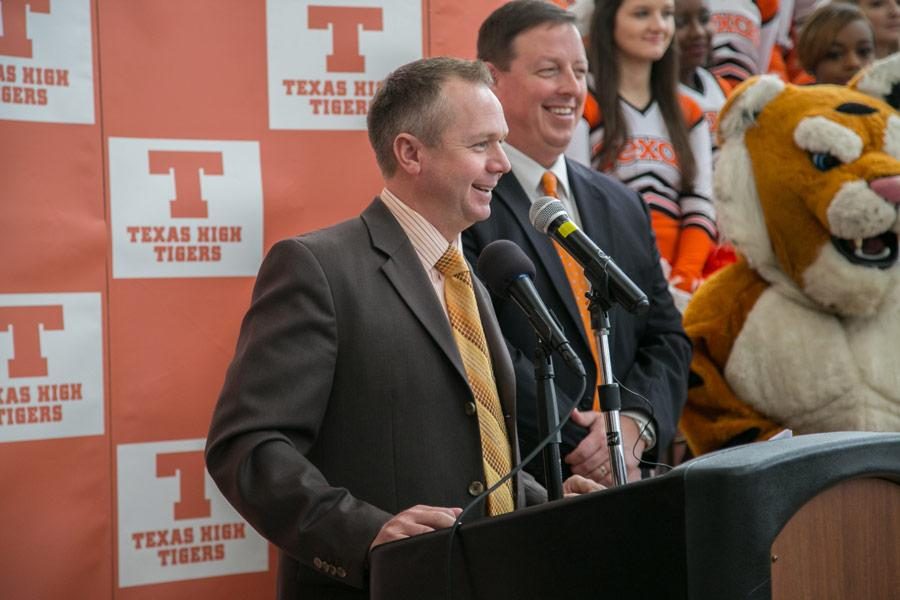 Athletic Director and head football coach Gerry Stanford gives a speech during his welcoming ceremony. Stanford took over the athletics program after former director Barry Norton moved to Arkansas High.  