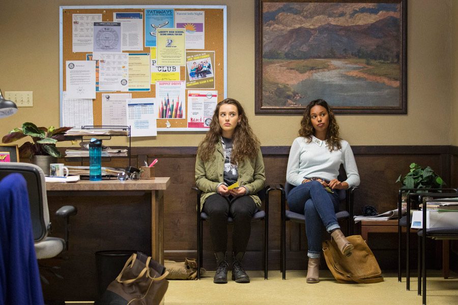 Katherine Langford, left, and Alisha Boe play frenemies in the Netflix series 13 Reasons Why. Photo by Beth Dubber/Netflix