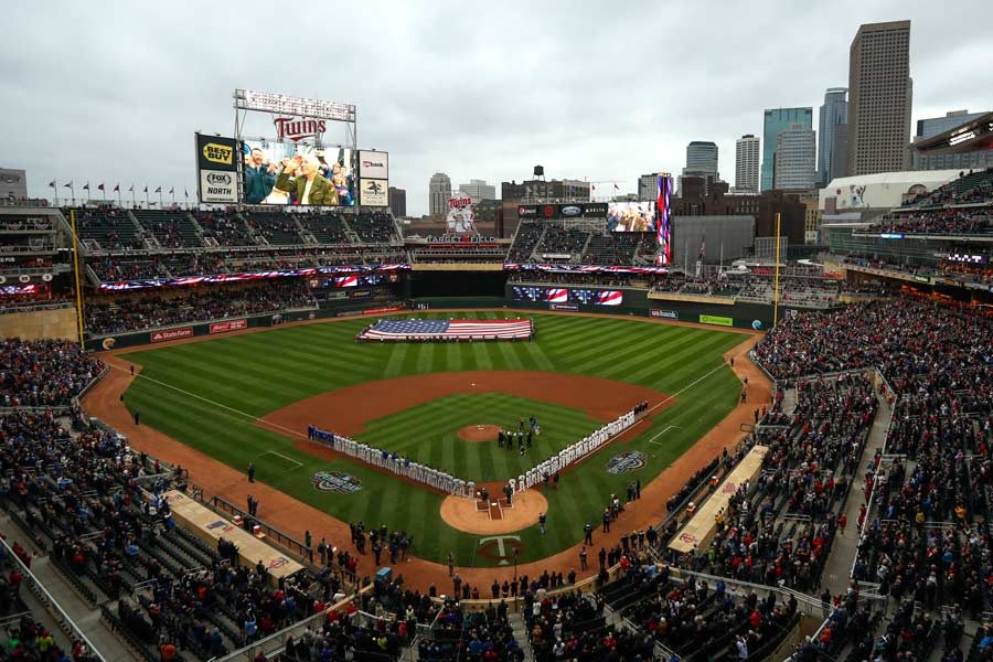 The stadium stood for the national anthem before the game between the Minnesota Twins faced the Kansas City Royals on Monday, April 3, 2017 at Target Field in Minneapolis, Minn. Photo by Jeff Wheeler, courtesy of MCT Campus.