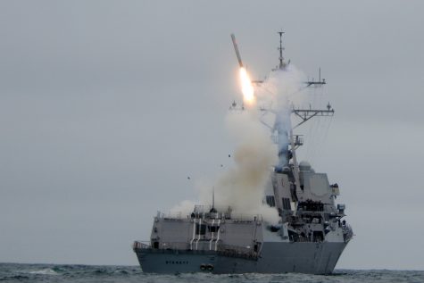 Guided missile destroyer the USS Sterett launches a Tomahawk missile. President Trump authorized 59 Tomahawk missiles to be launched against a Syrian air base on April 6, 2017. Photo by U.S. Navy