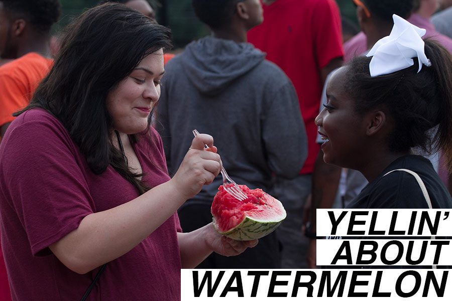 Seniors Haylea Potts and Kamryn Hamilton enjoyed a slice of watermelon at last years Watermelon Supper.