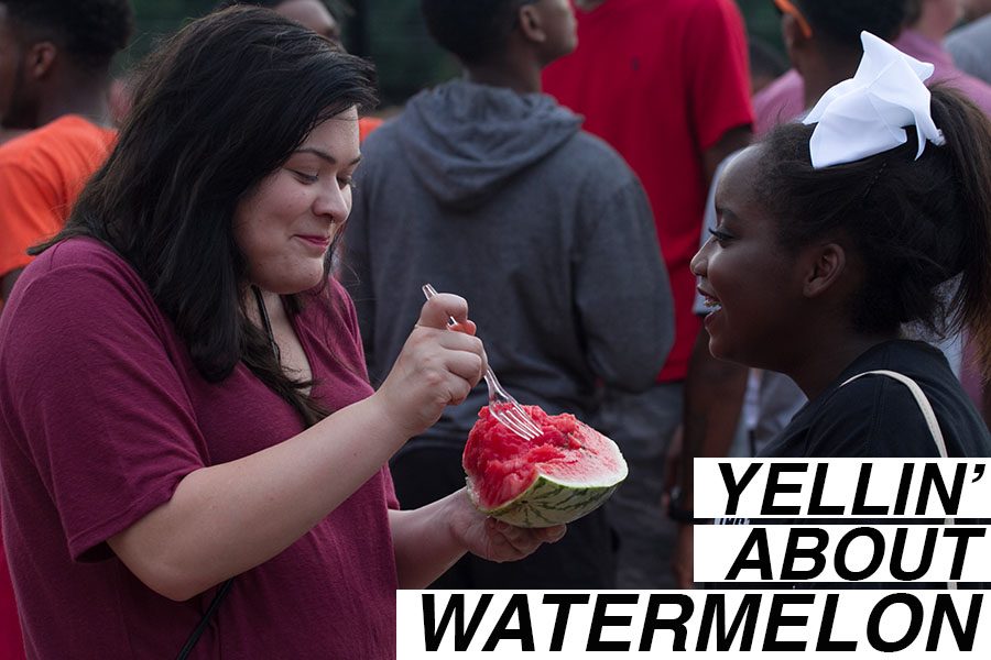 Seniors+Haylea+Potts+and+Kamryn+Hamilton+enjoyed+a+slice+of+watermelon+at+last+years+Watermelon+Supper.