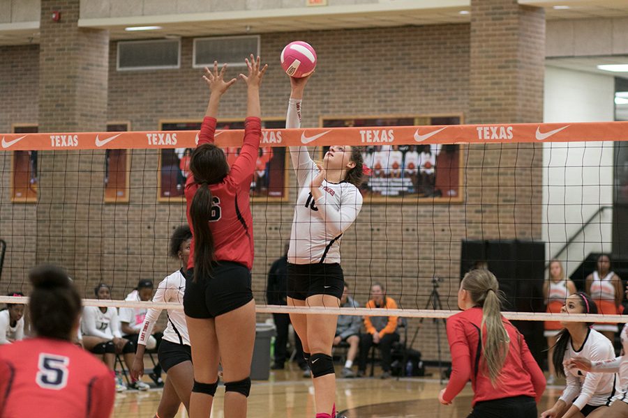 Junior Kaitlyn Cross jumps to make a point during a match between the Lady Tigers and Greenville Lions. 