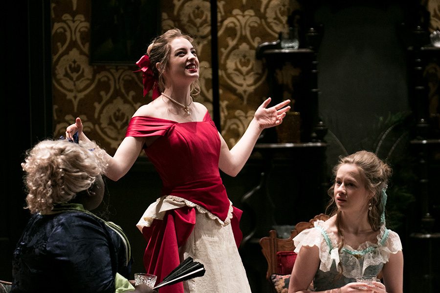 Senior Bree Barnett, center, plays the character Ambrosia in the performance “A Chemical Imbalance: A Jekyll and Hyde Play.” The show is focused in the Victorian Era, and satirically comments on society.