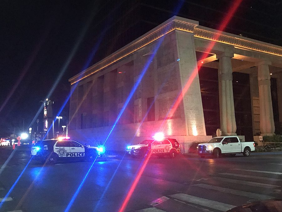 Police vehicles are seen near the site of shooting in Las Vegas, the United States, on Oct. 2, 2017. At least 50 people were killed and over 200 others wounded in a mass shooting at a concert Sunday night outside of the Mandalay Bay Hotel in Las Vegas, Nevada. (Huang Chao/Xinhua/Zuma Press/TNS)