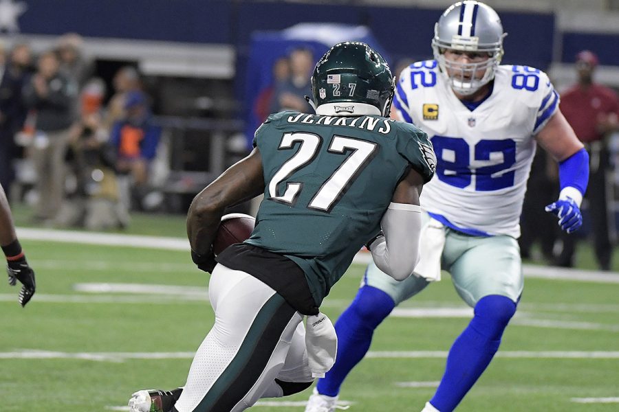 Philadelphia Eagles strong safety Malcolm Jenkins (27) intercepts a pass in the end zone as tight end Jason Witten (82) comes in to make the stop on November 19, 2017, at AT&T Stadium in Arlington, Texas. (Max Faulkner/Fort Worth Star-Telegram/TNS)