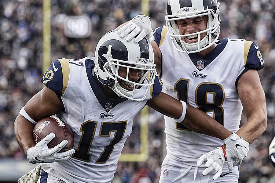 Rams receiver Robert Woods celebrates with teammate Cooper Cupp after scoring a third quarter touchdwon against the Texans Sunday, Nov. 12, 2017 at the Coliseum in Los Angeles. The Rams won, 33-7.  (Robert Gauthier/Los Angeles Times/TNS)
