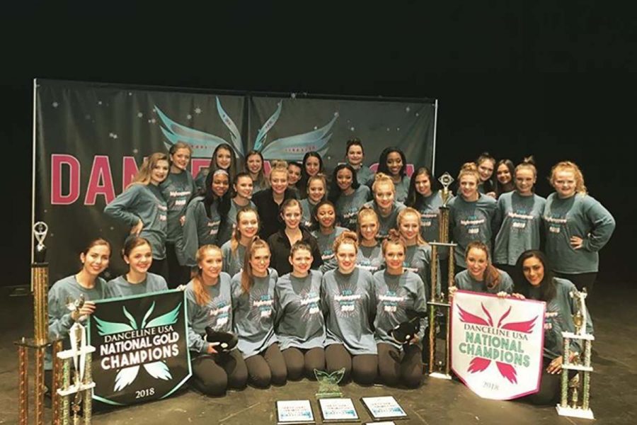 The+HighSteppers+pose+for+a+congratulatory+picture+after+their+final+competition+of+the+season.+They+competed+at+the+DanceLine+National+Championship+this+past+weekend+in+San+Antonio%2C+and+won+several+top+awards.++Submitted+photo