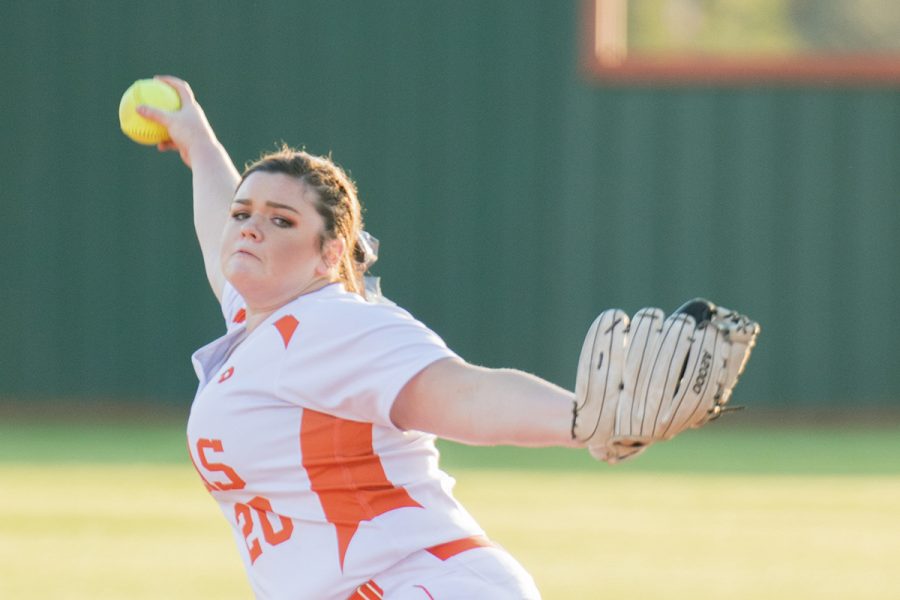 Junior Mabry Smith pitches another inning trying to throw off the batter with each throw. In a close game against Sulphur Springs, the Lady Tigers softball team lost a game with the score ending 4-6.