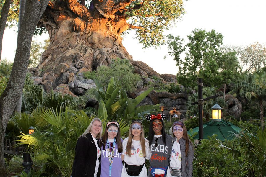 Wearing masks and Disney ears, distinguished dancers from the HighSteppers team pose in front of the Magic Kingdom. They were chosen to attend a dance camp at Orlandos Walt Disney World during spring break. Submitted photo