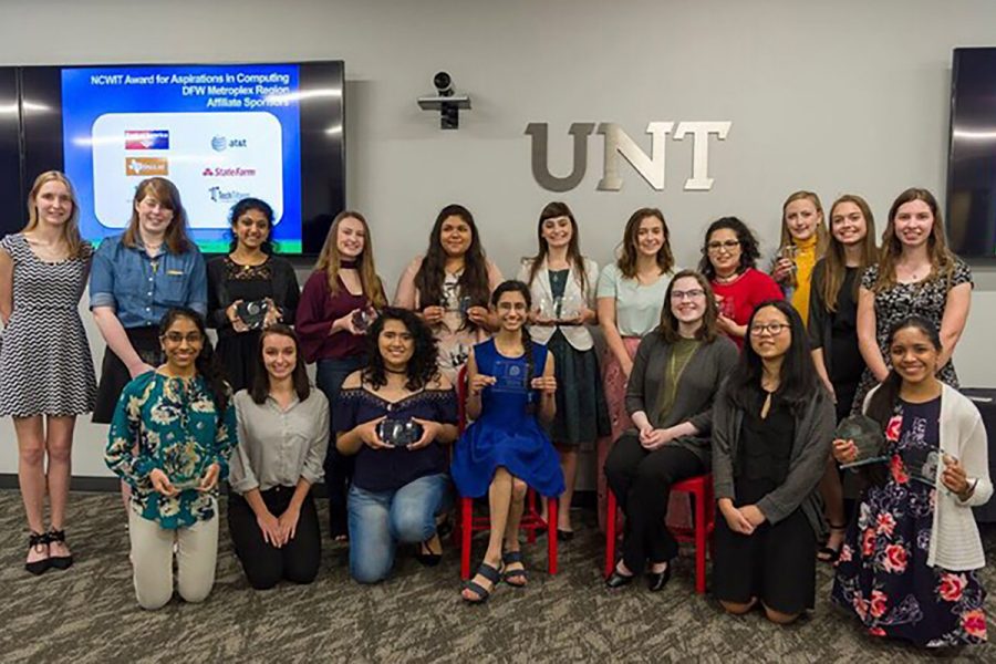 Female students from the state of Texas attend the award ceremony for the National Center for Women and Information Technology. Junior Kaitlyn Gordon and senior Macheala McAdams both received the 2018 DFW Affiliate Winner of the NCWIT Award for aspirations in computing. submitted photo