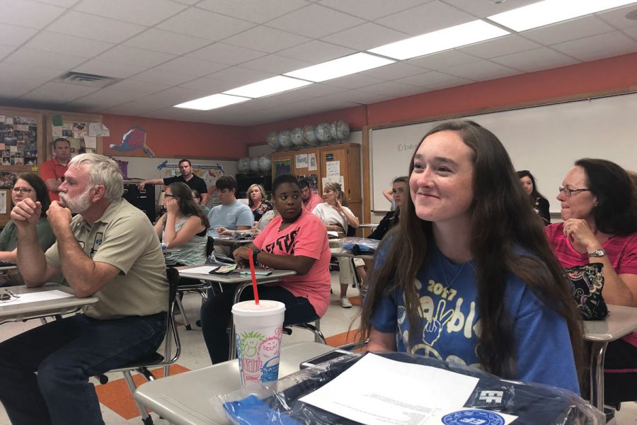Sophomore Macie Webb attends a meeting about the Texas High trip to London, Paris, Munich, and the Swiss Alps. She will accompany the group to travel to Europe on July 6.