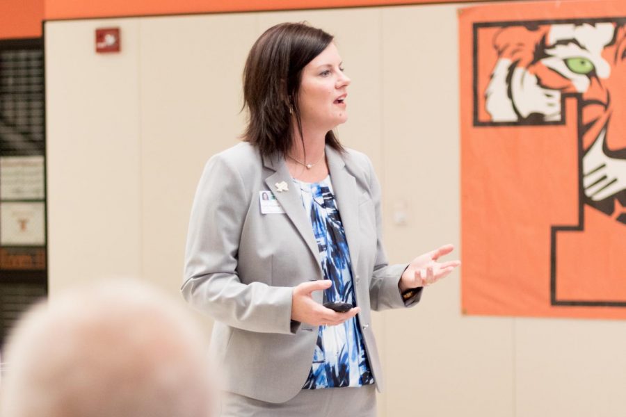 Principal Carla Dupree presents her slideshow about bullying and suicide prevention. The workshop was held in the math and science building on Aug. 23.