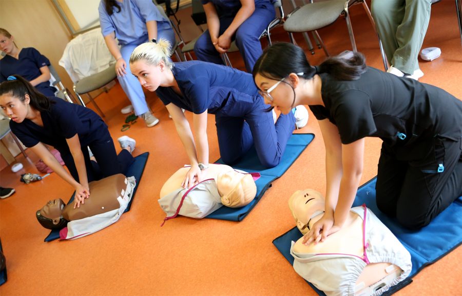 Students undergo CPR training during Medical Simulation class and exercise chest compressions on mannequins.