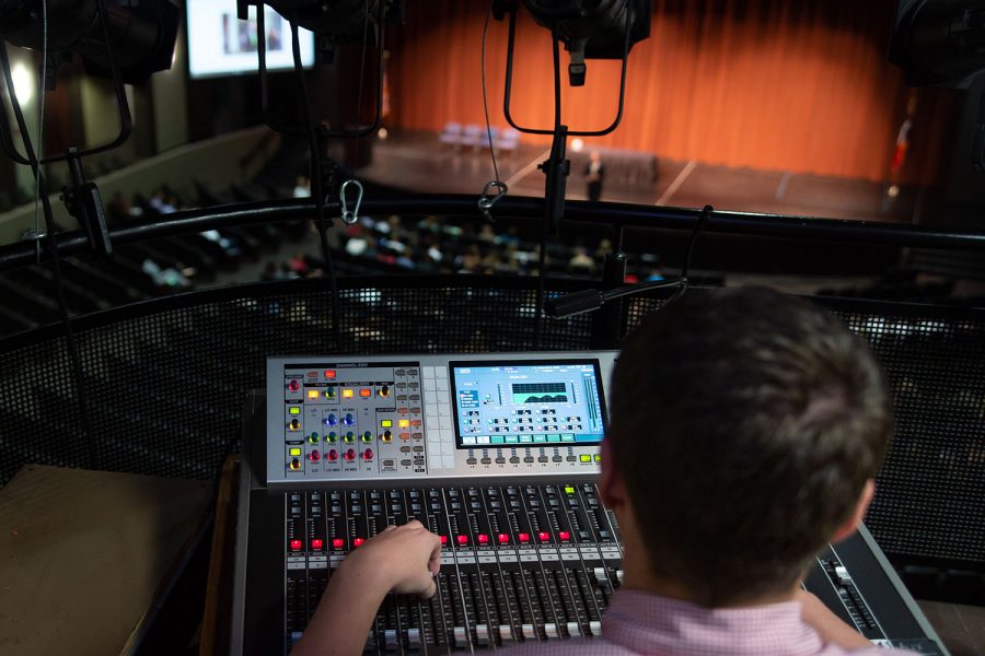 A member of the Texas High Thespians uses the soundboard to further emphasize the story onstage. The Tiger Theatre Company hosted the play Metamorphoses from Oct. 18 to Oct. 21. 