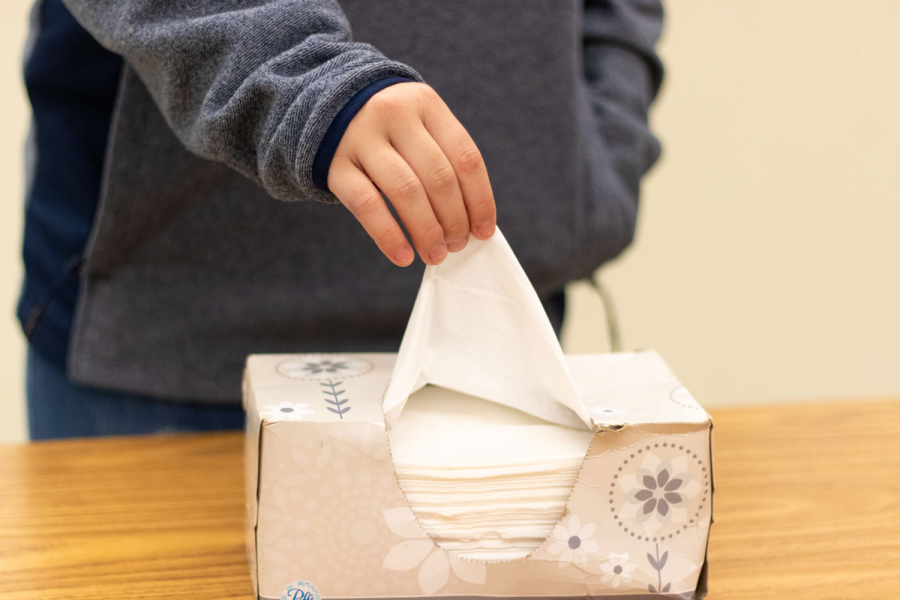 A student grabs a Kleenex after sneezing during the flu season. The recent flu outbreak has caused some schools to close for a few days at a time.