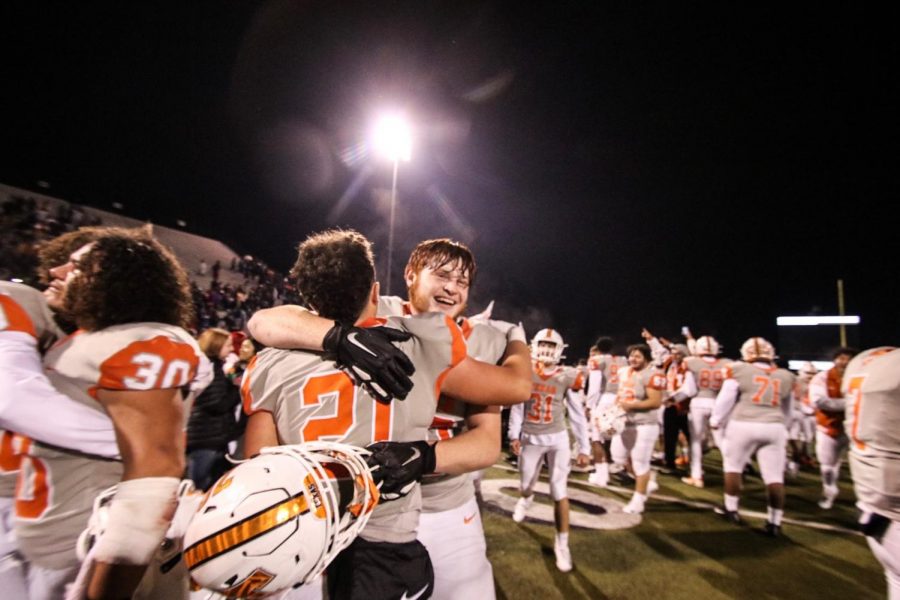 Texas High football players celebrate their victory over the Lufkin Panthers on Friday,. Nov. 15th. The Tigers won with a score of 41-35 in double overtime.