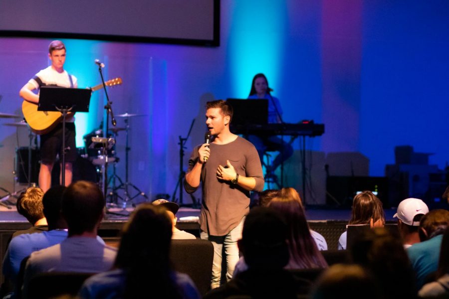 Church on the Rocks youth pastor leads during worship. Churches gathered together on Oct. 21 for Fields of Faith via livestream. 