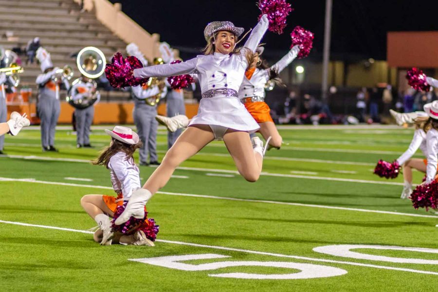 Senior Mary Claire Wright calypsos in the Texas Highsteppers half time performance. The Texas Highsteppers danced in celebration to another Tiger victory.