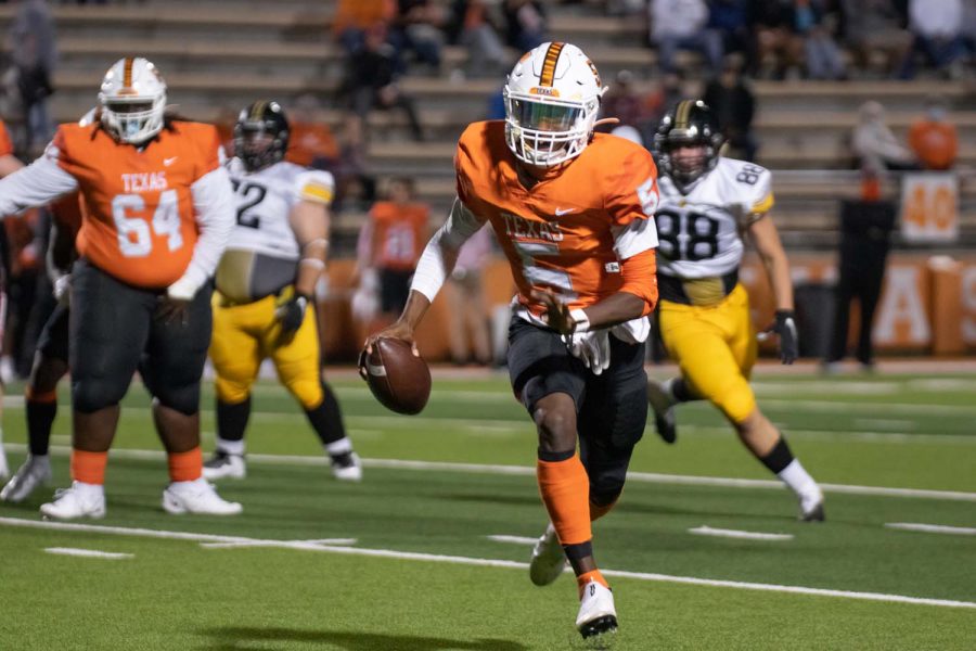 Senior Rian Cellers scrambles as he looks for a receiver. Texas High Tigers took down the Forney Jackrabbits Friday Oct. 9 49-10.