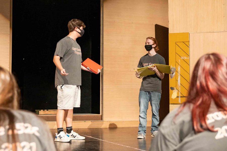 Seniors Mason Smallwood and Zane Johnston rehearse for the upcoming fall play Puffs. Ticket can be preordered for the Nov. 7, 8 and 9 showing. 