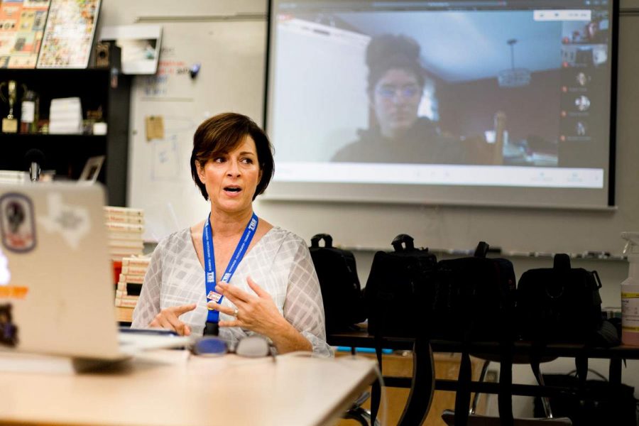 Remote student Nazaret Vasquez listens to publications adviser Rebecca Potter while she addresses the newspaper and photography staff. Because communication is a vital component to the curriculum of publications students, they often join the in class discussion and planning via Google Meets.