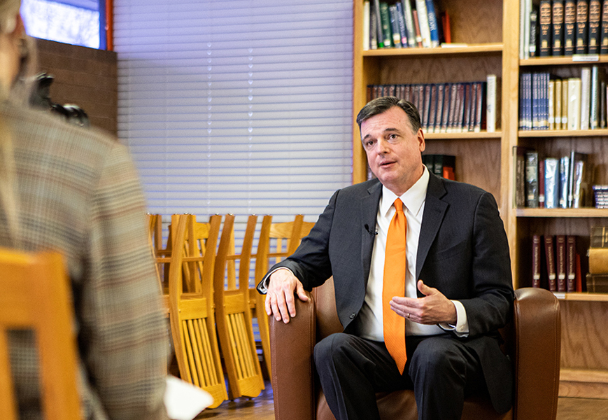 TISD Superintendent Doug Brubaker discusses  the future of Texas High with the staff of Tiger Times. Brubakers first day on the job was Jan. 4. 