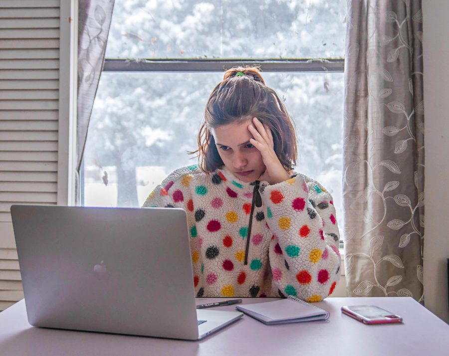 A student sits at home while a snowy scenery fills the outside of her window. Many students have discussed the importance of having snow days that consist of playing outdoors rather than learning from home. 