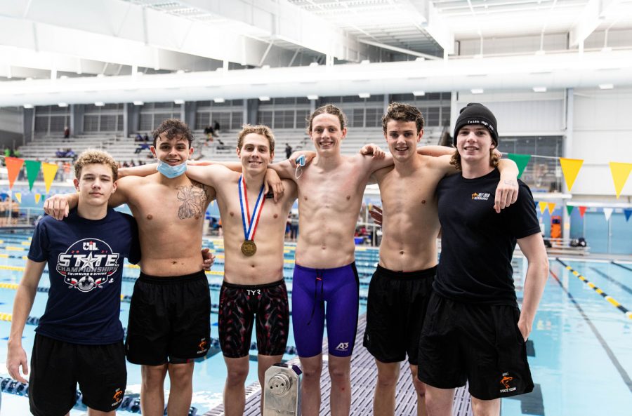 Owen Young, Logan Diggs, John David Cass, Eli Likins, Evan Likins and Nathan Morris pose for a picture at the 2021 UIL state swim meet. Swimmers traveled to San Antonio to compete against swimmers from all over Texas.