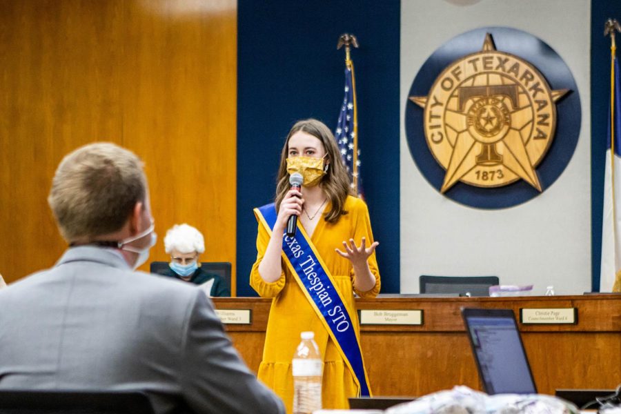 Senior Lia Graham addresses the members of last nights city hall meeting after the  mayor read her proclamation. Graham lobbied for March to be Theatre in our Schools Month in Texarkana, Texas. 