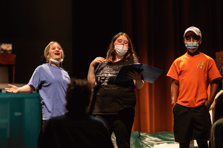 Sophomores Joe Haynes-Stewart, Savannah Hallenbeck and Mallory Moody rehearse a scene from The Complete History of Theatre Abridged. They will perform the show May 19 at 5 pm..