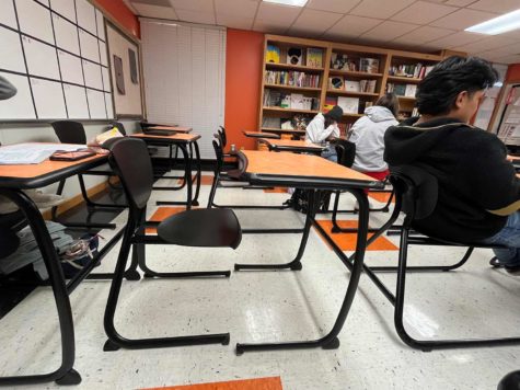 Desks sit empty in classes across the Texas High School campus on January 11, 2022 because  of sharp rise in COVID infections within Texarkana ISD. Sixty-nine percent of students attended school Tuesday.