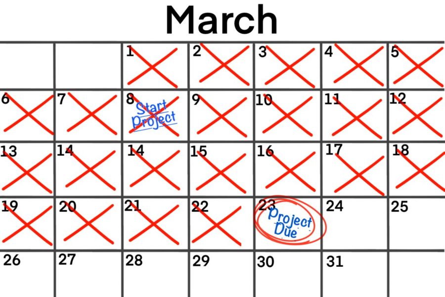 A calendar displays a due date for an assignment quickly approaching. Many students have a habit of procrastinating on their work.